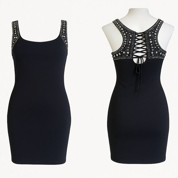Vintage Rampage Black Studded Mini Dress Size Small Lace Up Back HoCo Dance - Picture 1 of 14
